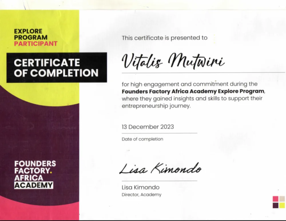 Founders Factory Africa Academy — Explore Program certificate